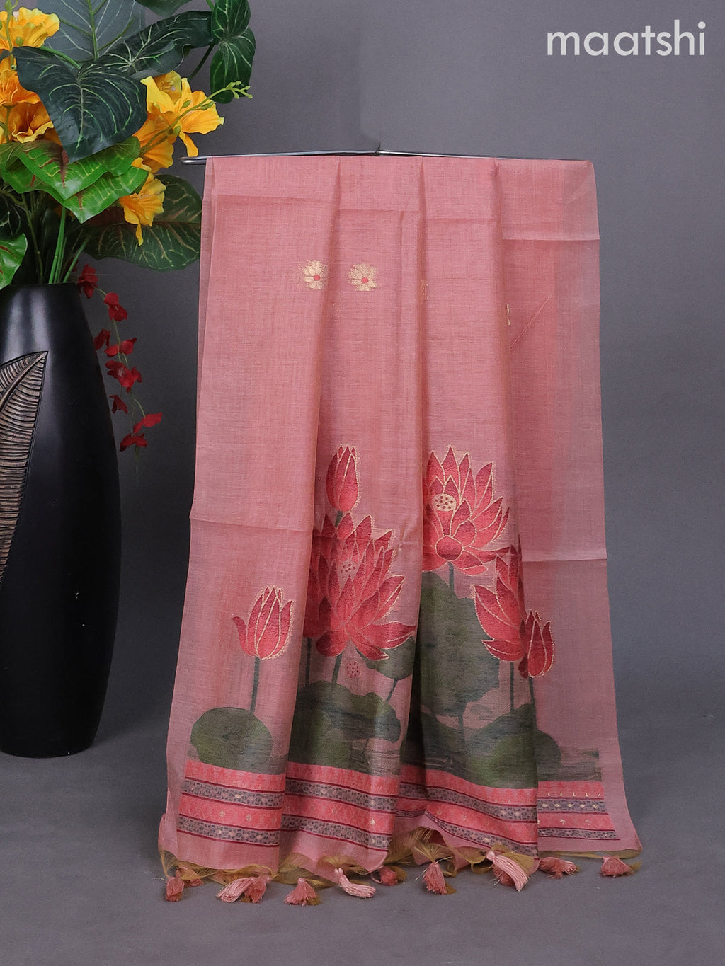 Peach Shade Munga Cotton Dress Material With Thread & Zari Buttas
