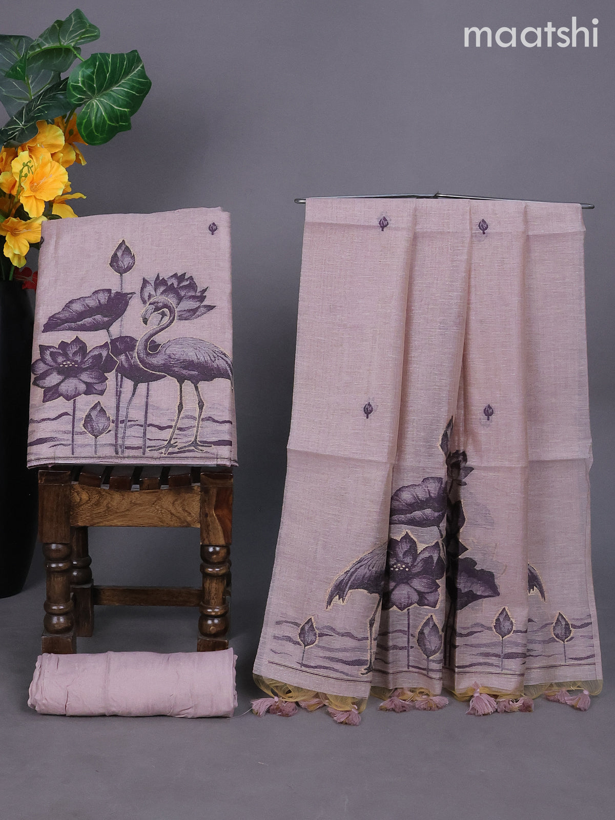 Pastel Lavender Linen Tissue Dress Material With Thread Buttas