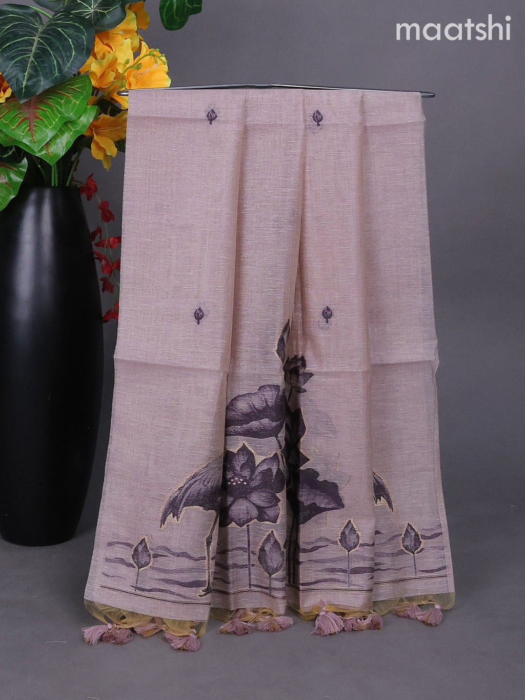 Pastel Lavender Linen Tissue Dress Material With Thread Buttas