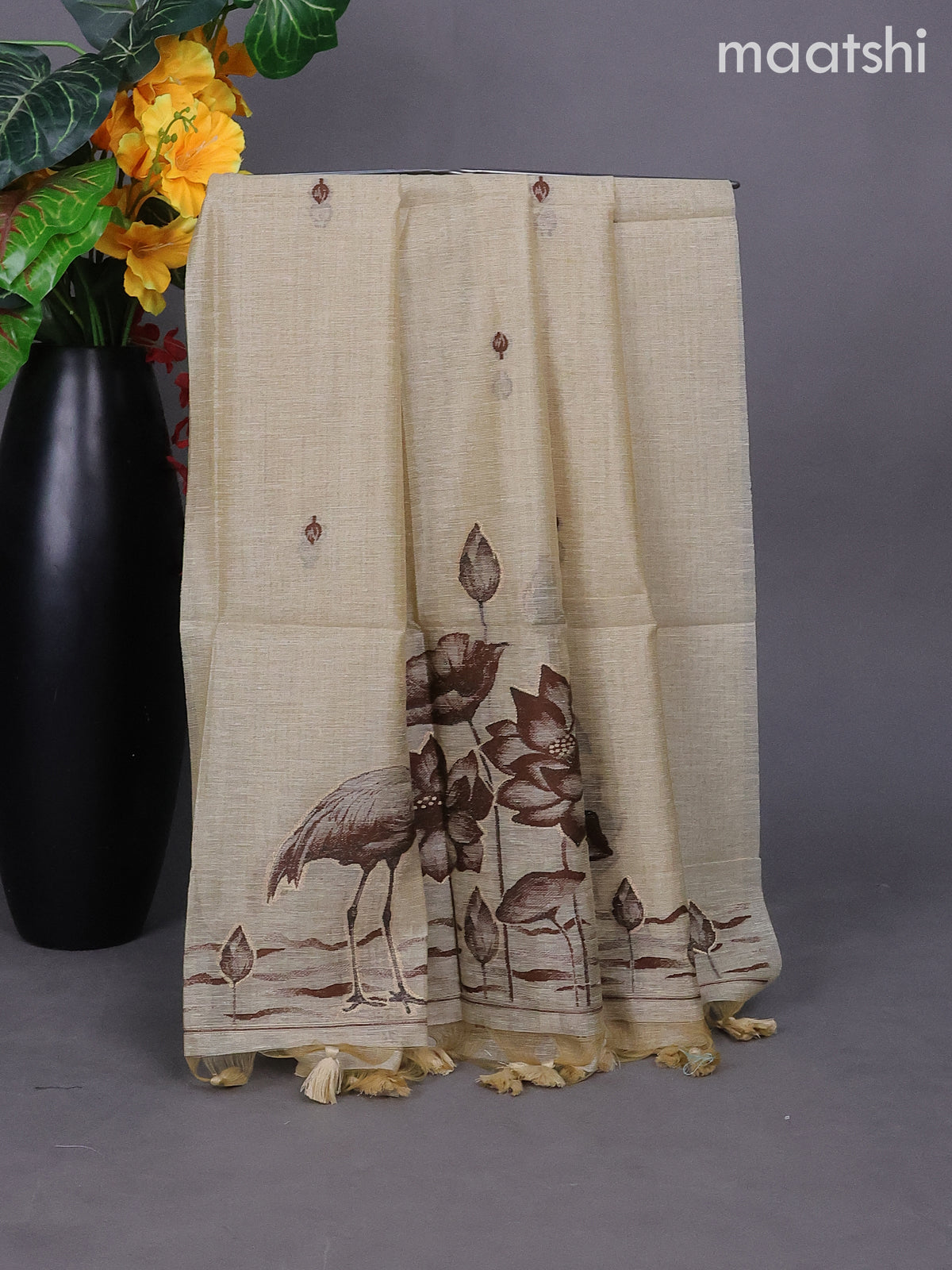 Beige Linen Tissue Dress Material With Thread Buttas