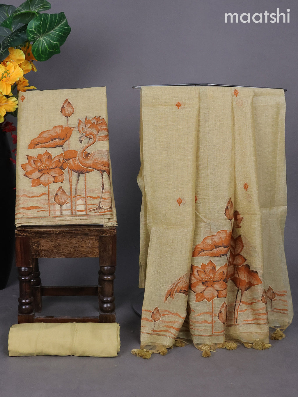 Sandal Linen Tissue Dress Material With Thread Buttas