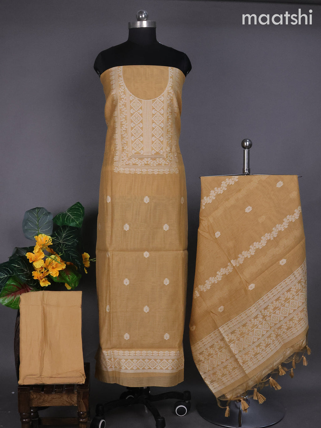 Mustard Yellow Munga Cotton Dress Material With Thread & Zari Buttas