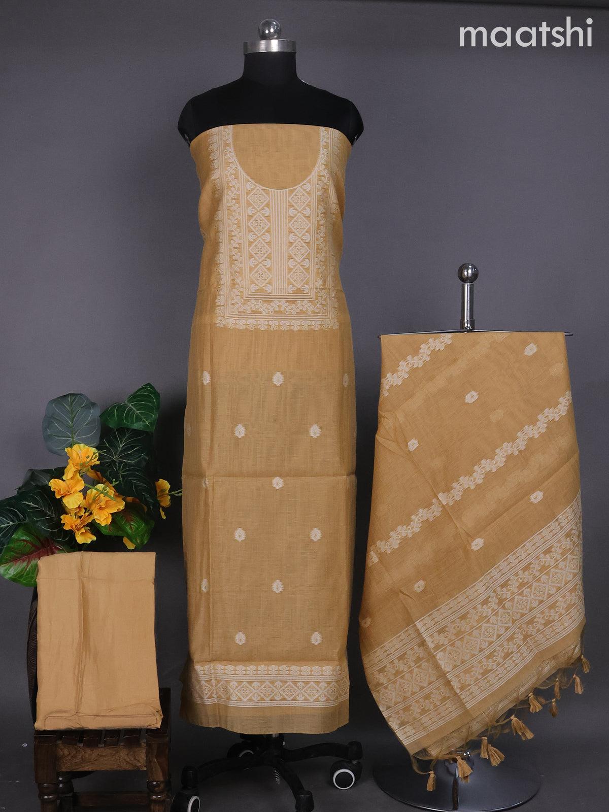 Mustard Yellow Munga Cotton Dress Material With Thread & Zari Buttas