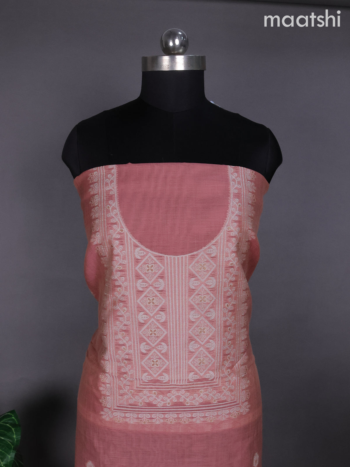 Peach Shade Munga Cotton Dress Material With Thread & Zari Buttas