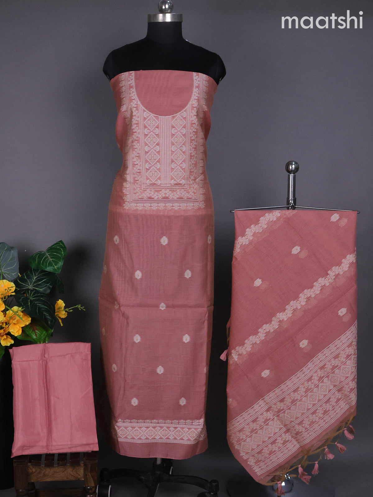 Peach Shade Munga Cotton Dress Material With Thread & Zari Buttas