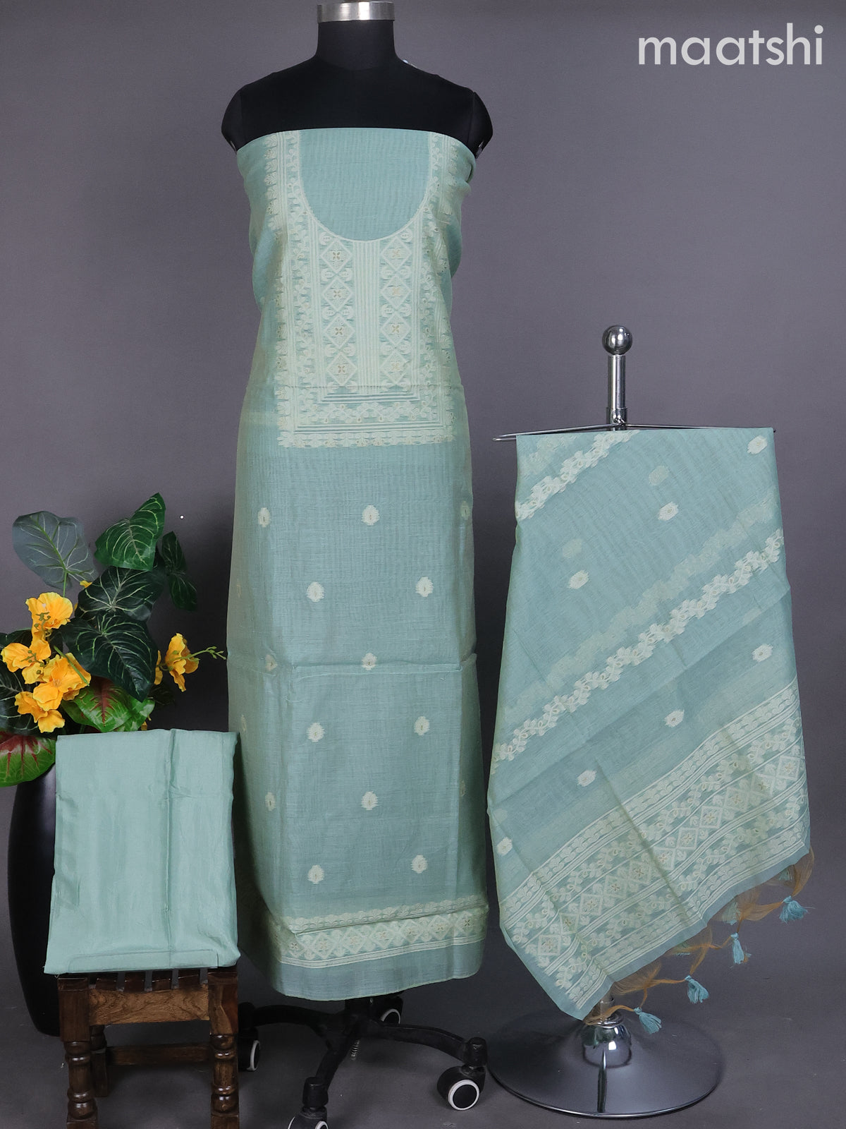 Teal Shade Munga Cotton Dress Material With Thread & Zari Buttas