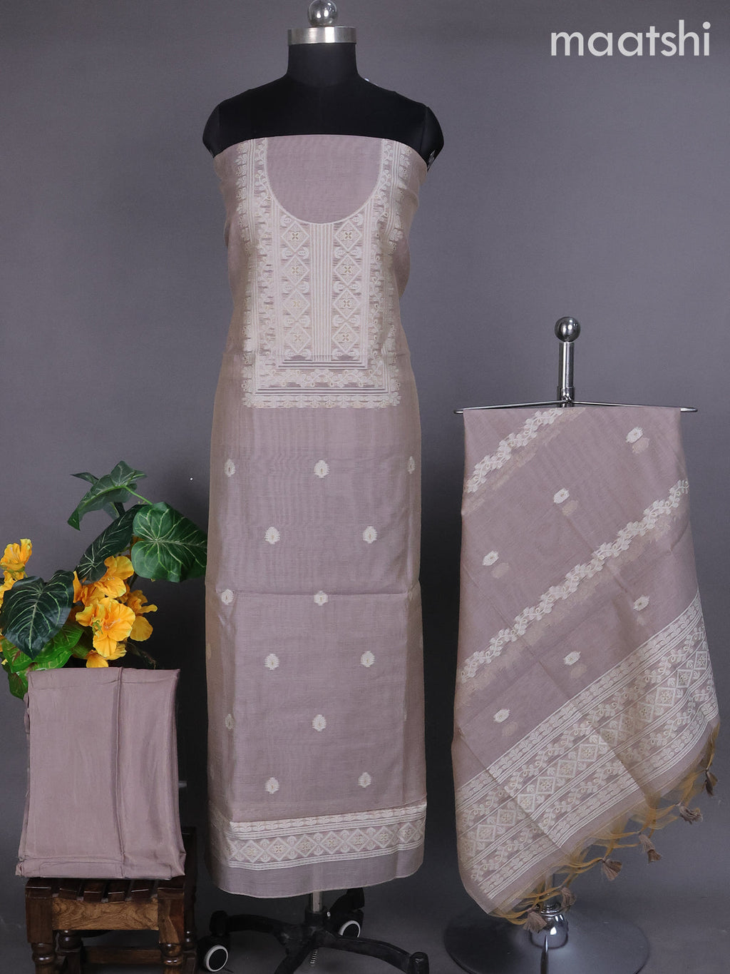 Grey Munga Cotton Dress Material With Thread & Zari Buttas