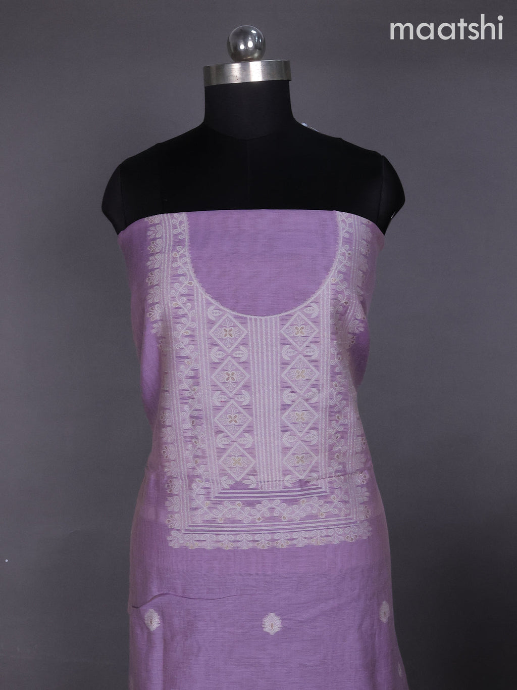 Lavender Munga Cotton Dress Material With Thread & Zari Buttas