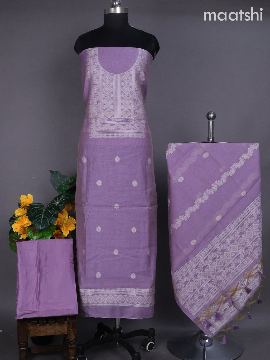 Lavender Munga Cotton Dress Material With Thread & Zari Buttas