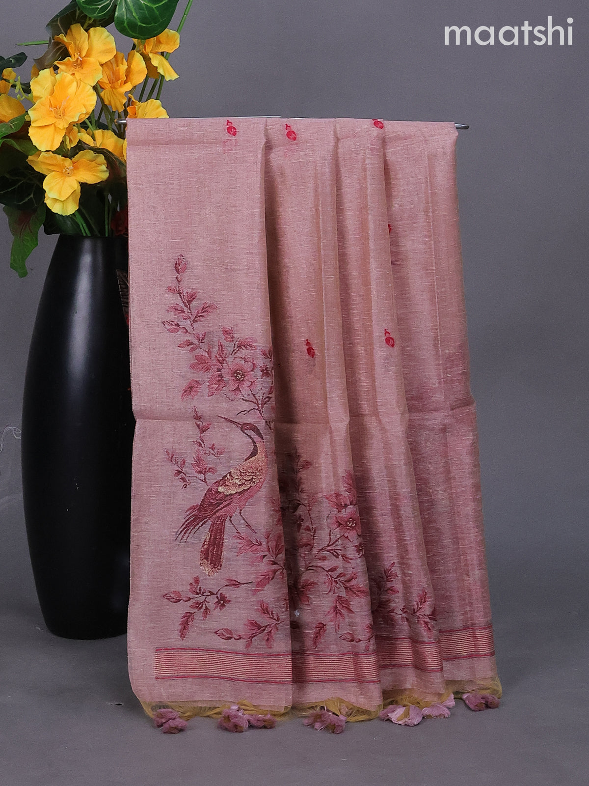 Pastel Pink Linen Tissue Dress Material With Thread Buttas