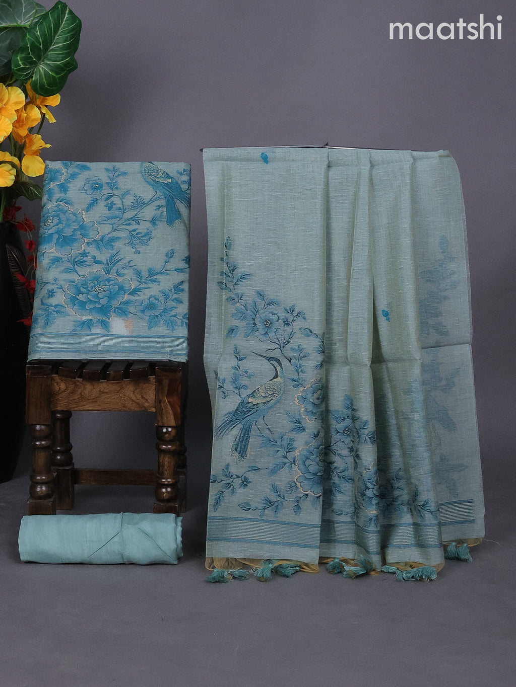 Pastel Blue Linen Tissue Dress Material With Thread Buttas