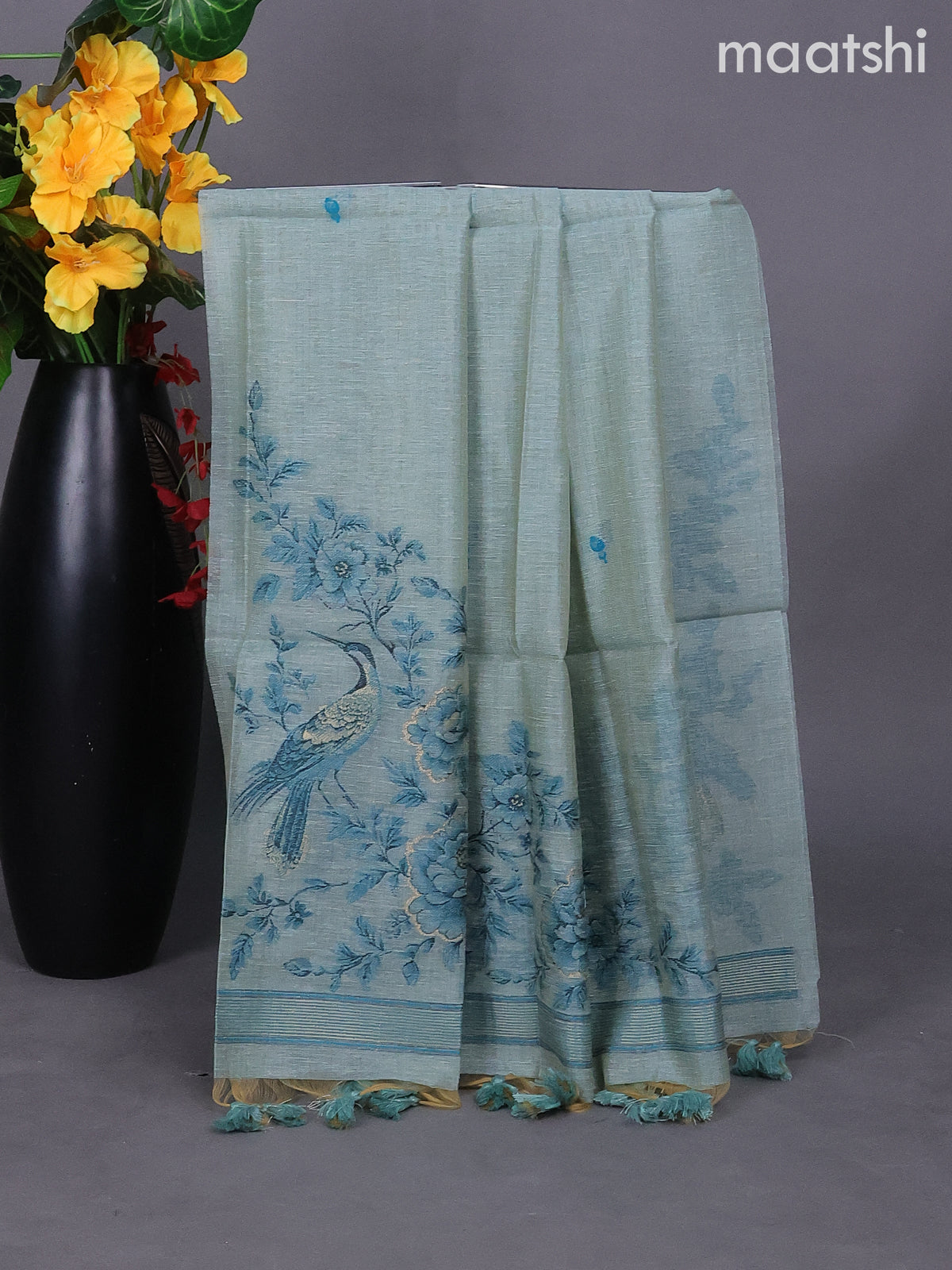 Pastel Blue Linen Tissue Dress Material With Thread Buttas