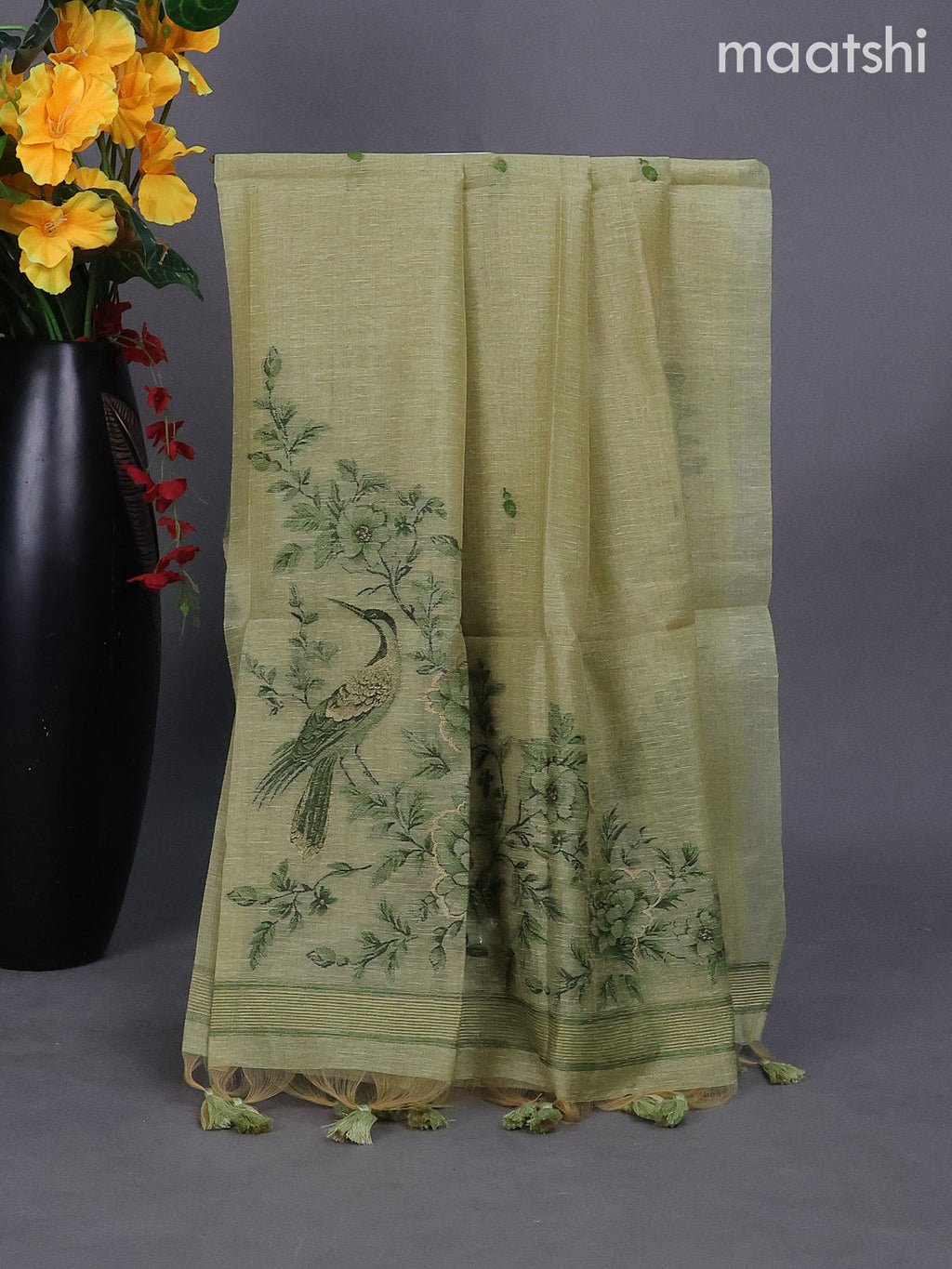 Pastel Green Linen Tissue Dress Material With Thread Buttas