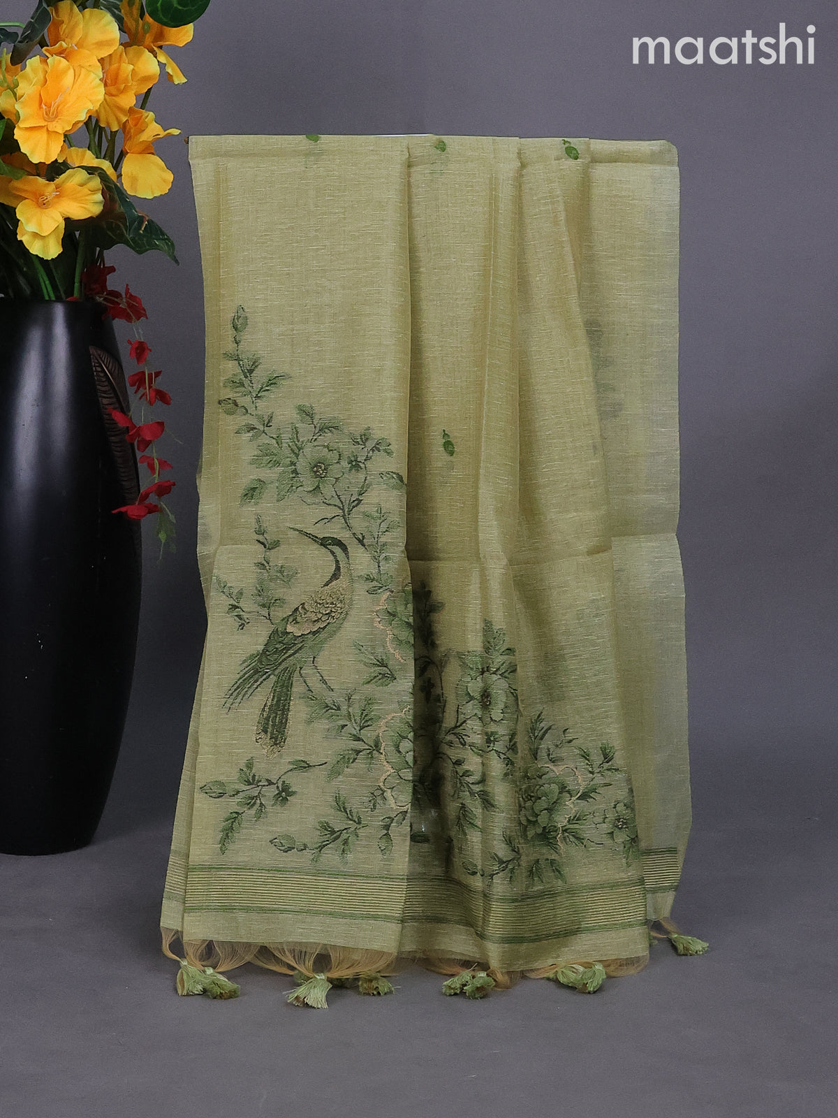 Pastel Green Linen Tissue Dress Material With Thread Buttas