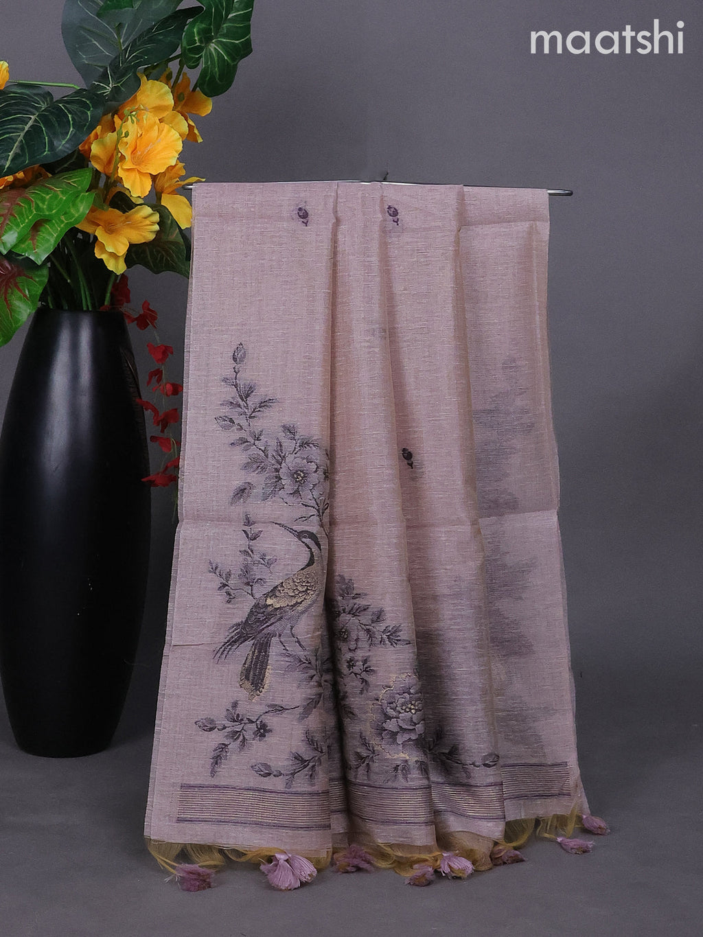 Pastel Lavender Linen Tissue Dress Material With Thread Buttas