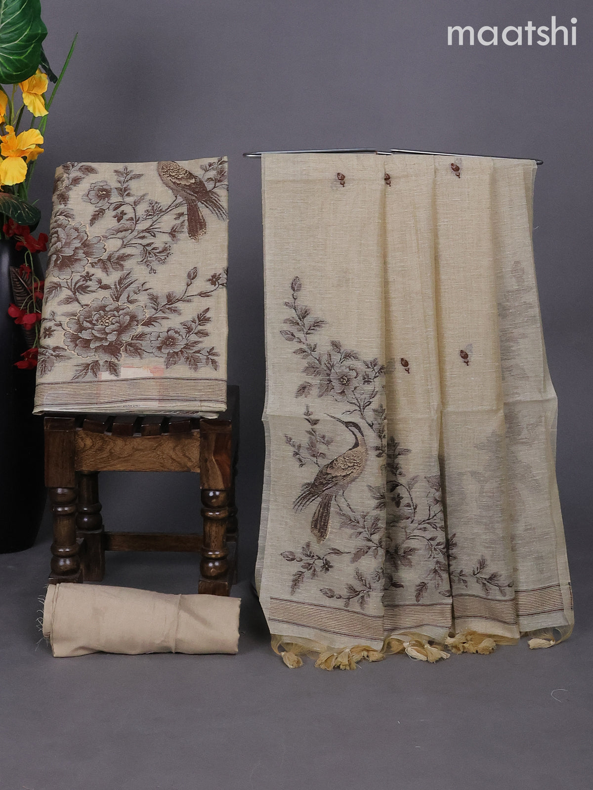 Beige Linen Tissue Dress Material With Thread Buttas