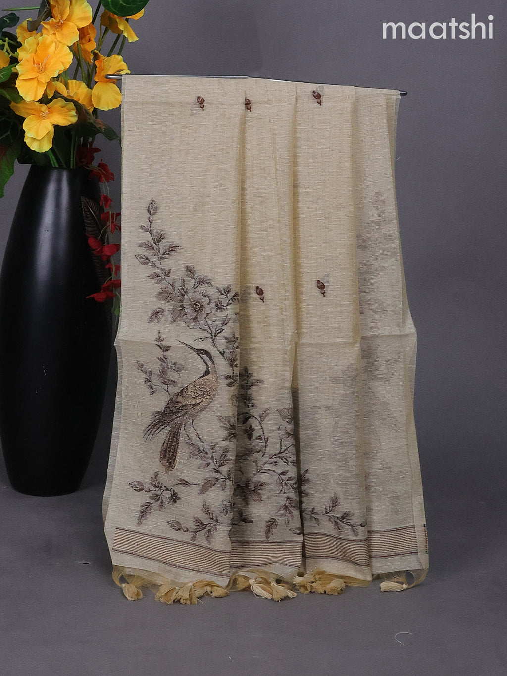 Beige Linen Tissue Dress Material With Thread Buttas