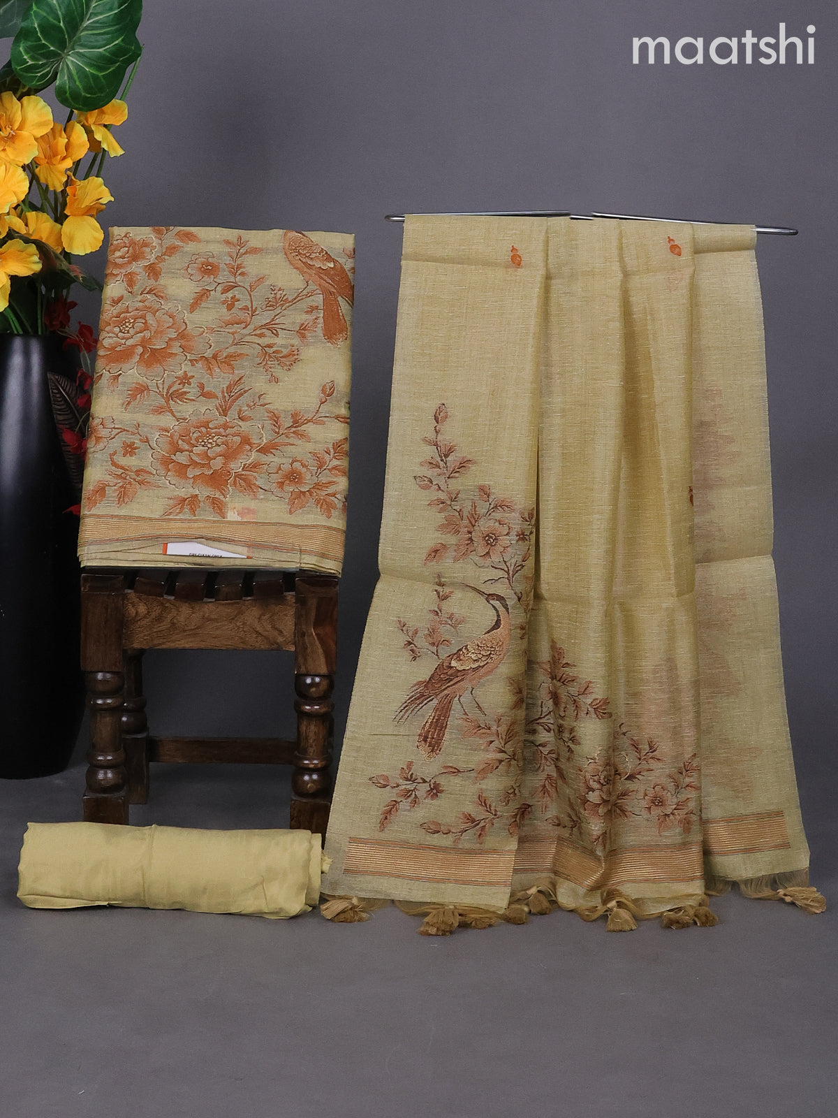 Sandal Linen Tissue Dress Material With Thread Buttas