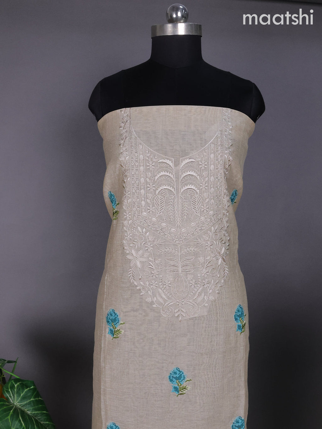 Beige and Blue Linen Dress Material With Embroidery Work Buttas