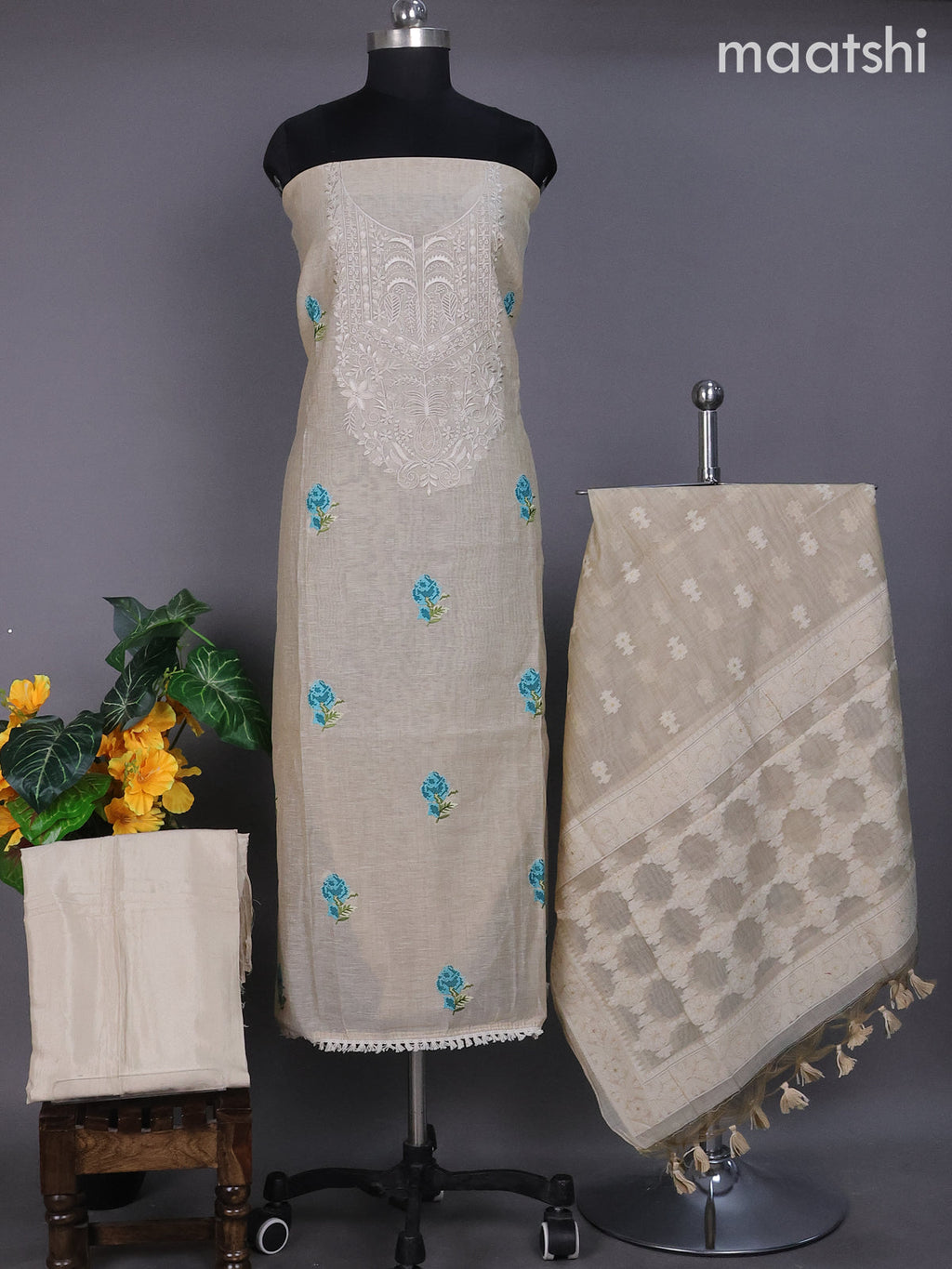 Beige and Blue Linen Dress Material With Embroidery Work Buttas