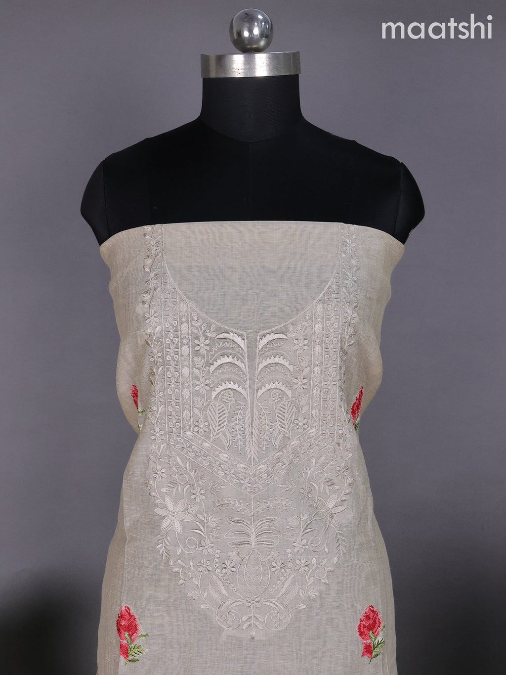 Beige and Red Shade Linen Dress Material With Embroidery Work Buttas