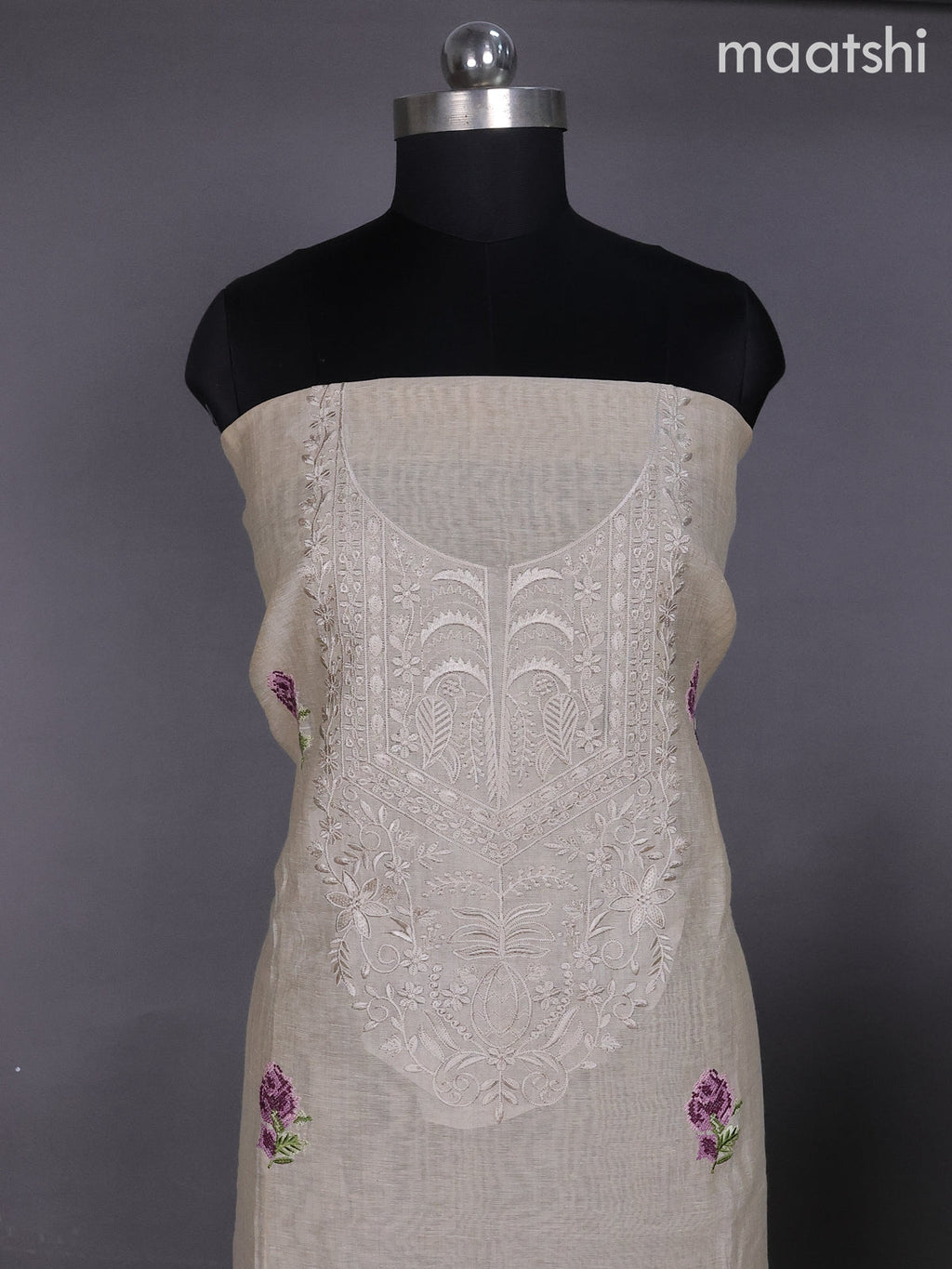 Beige and Purple Linen Dress Material With Embroidery Work Buttas