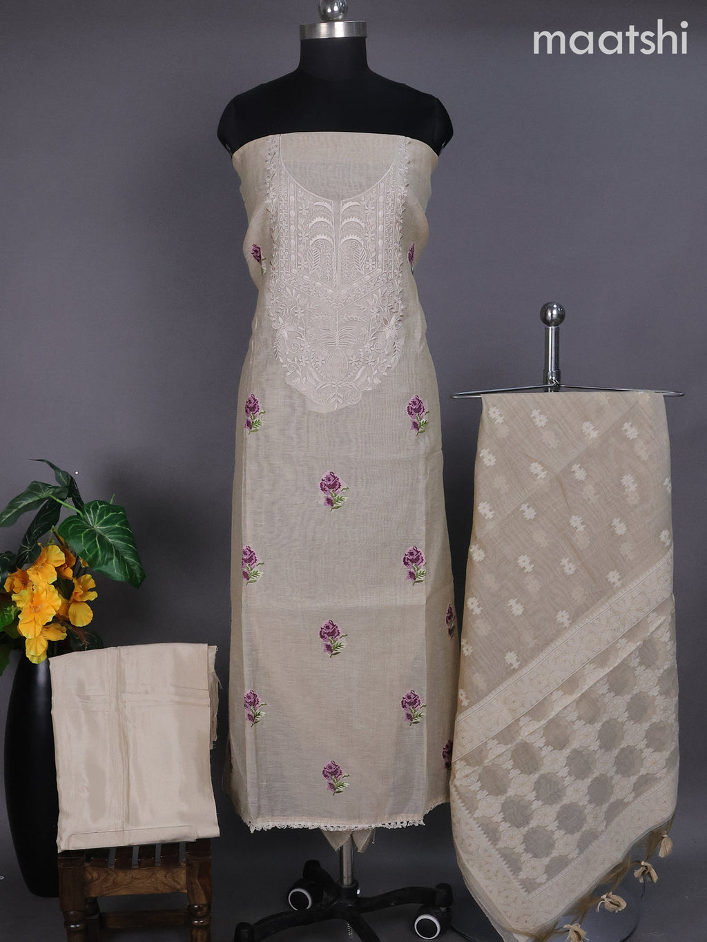 Beige and Purple Linen Dress Material With Embroidery Work Buttas
