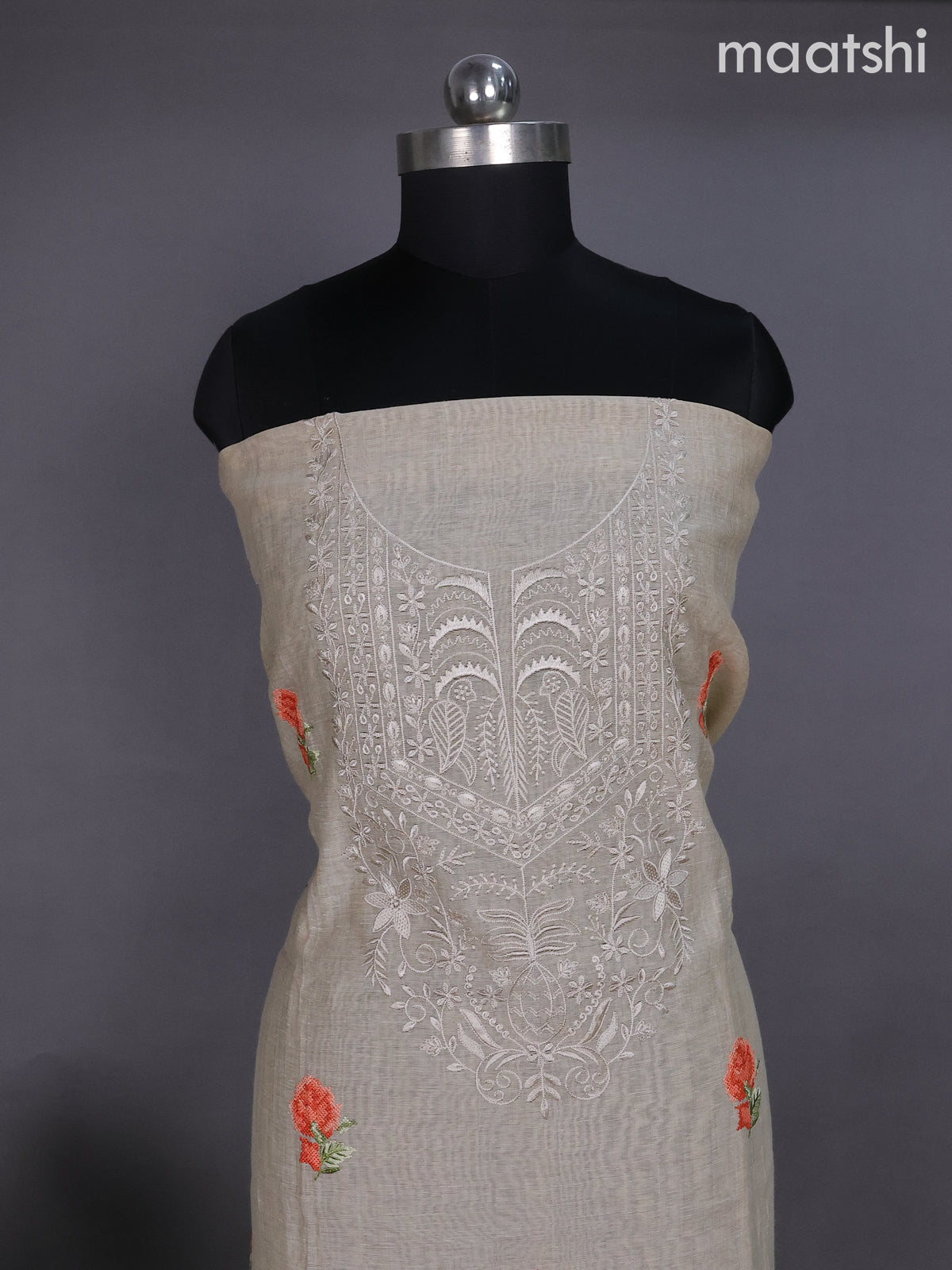 Beige and Peach Shade Linen Dress Material With Embroidery Work Buttas