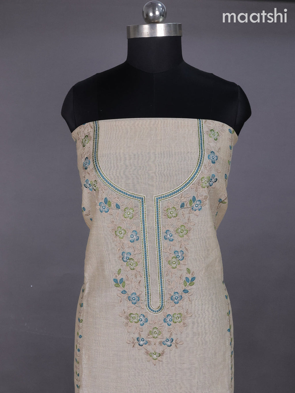 Beige and Blue Green Linen Dress Material With Embroidery Work