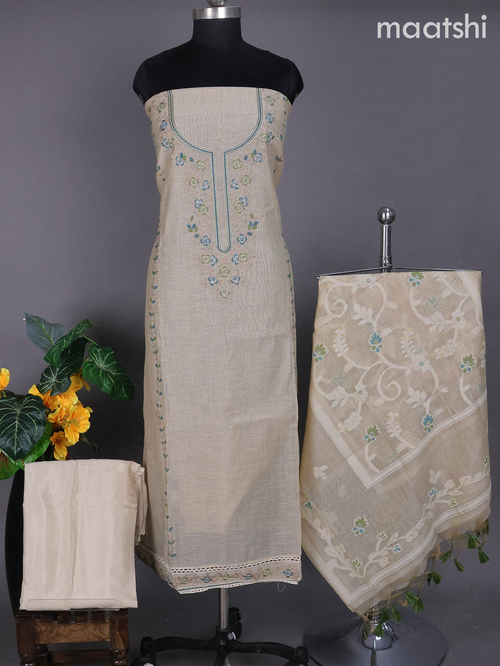 Beige and Blue Green Linen Dress Material With Embroidery Work