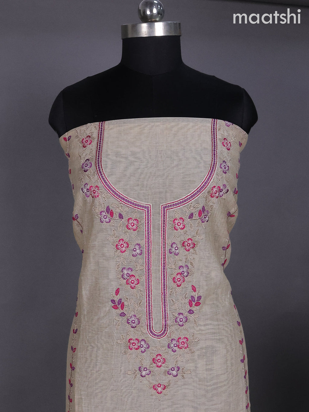 Beige and Purple Pink Linen Dress Material With Embroidery Work