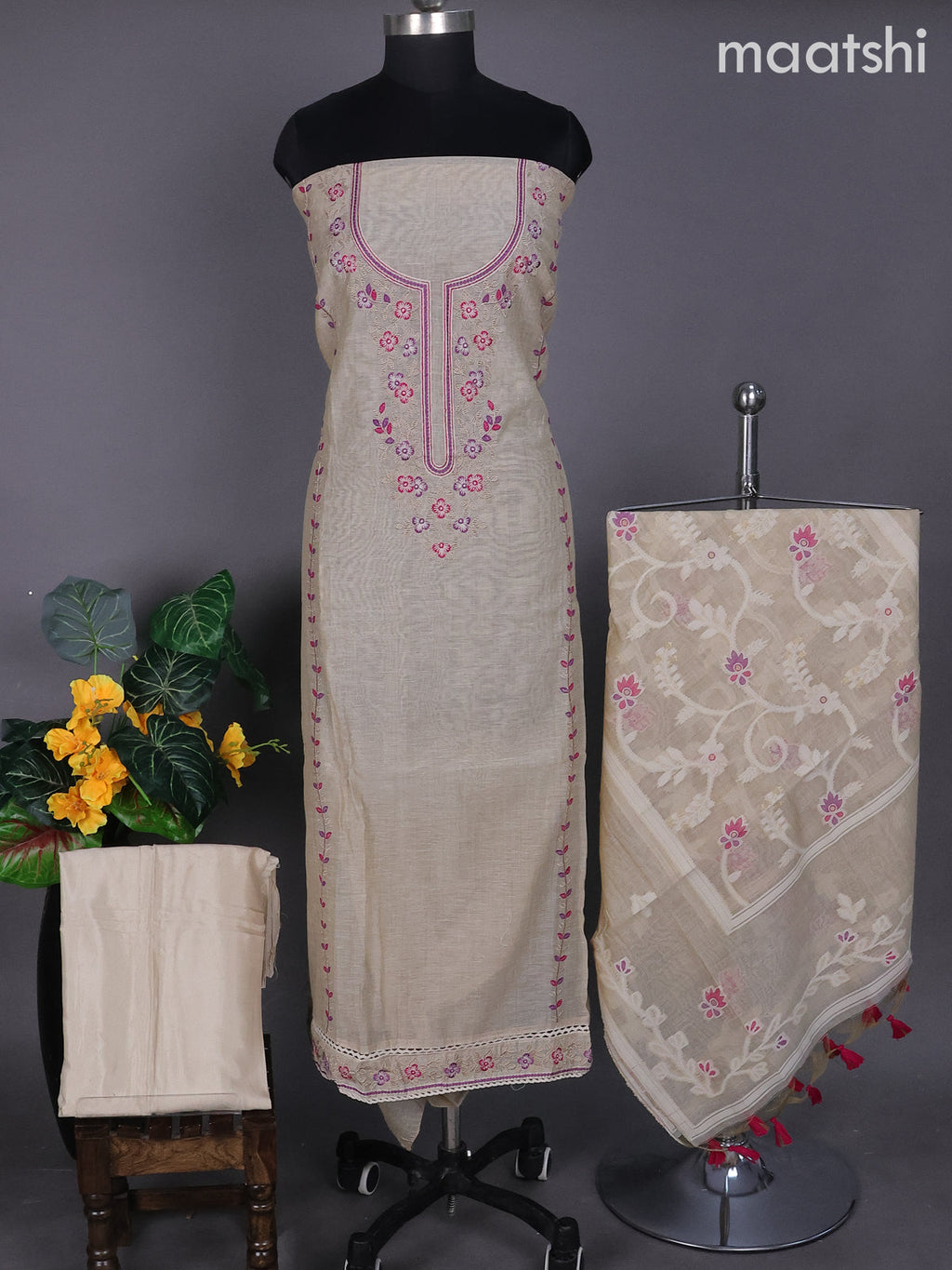 Beige and Purple Pink Linen Dress Material With Embroidery Work