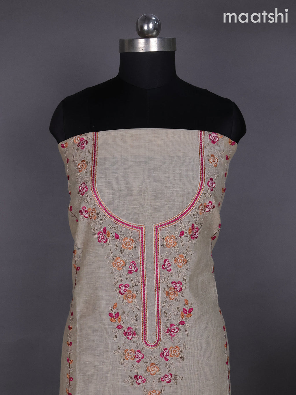 Beige and Pink Orange Linen Dress Material With Embroidery Work