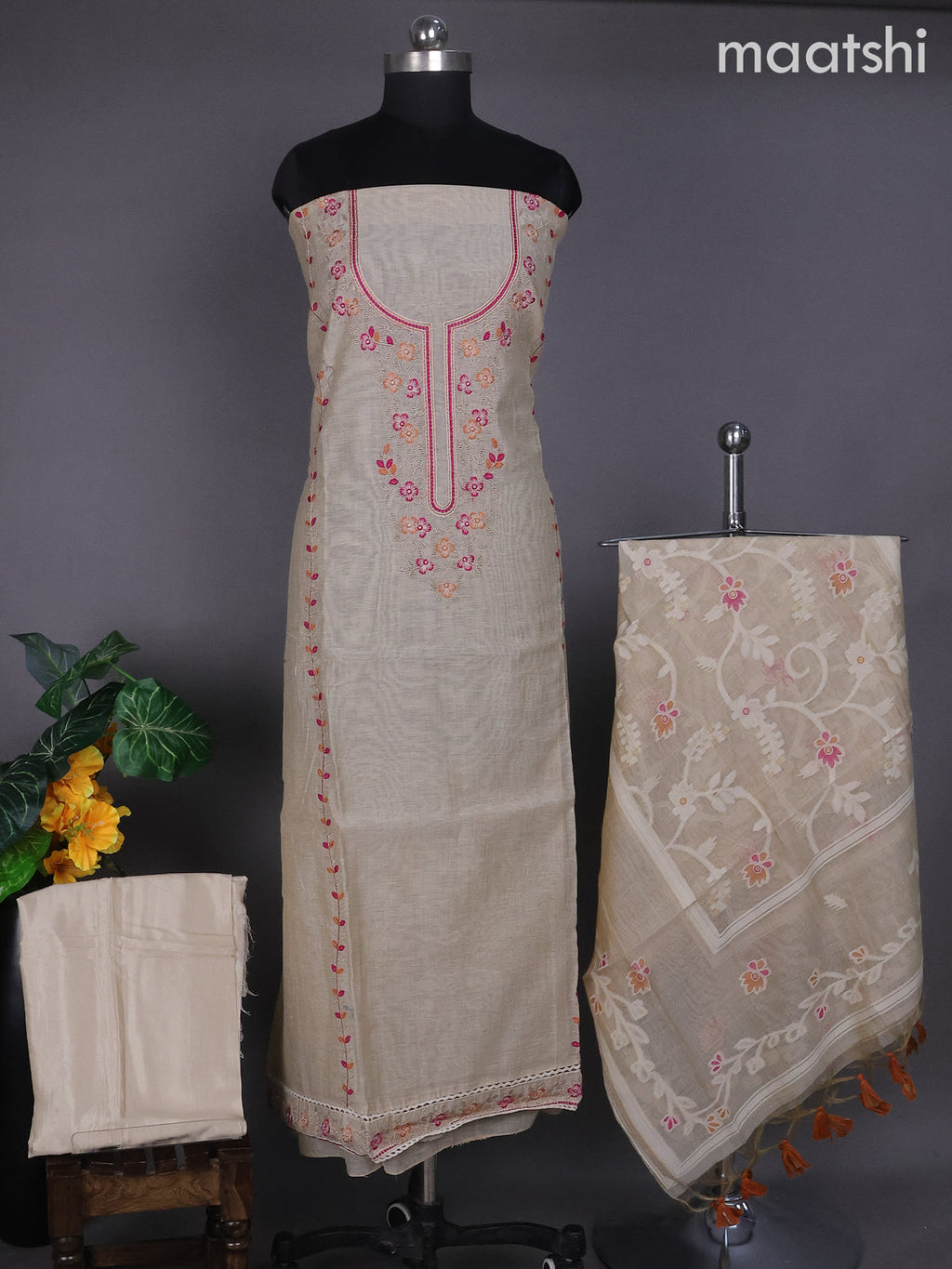 Beige and Pink Orange Linen Dress Material With Embroidery Work