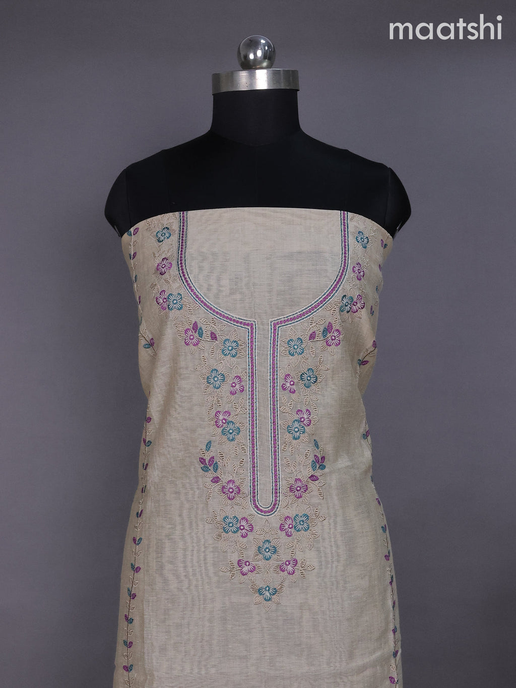 Beige and Purple Green Linen Dress Material With Embroidery Work