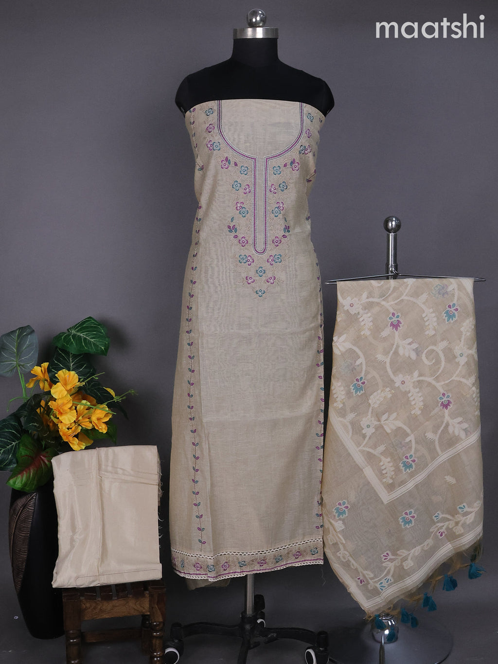 Beige and Purple Green Linen Dress Material With Embroidery Work