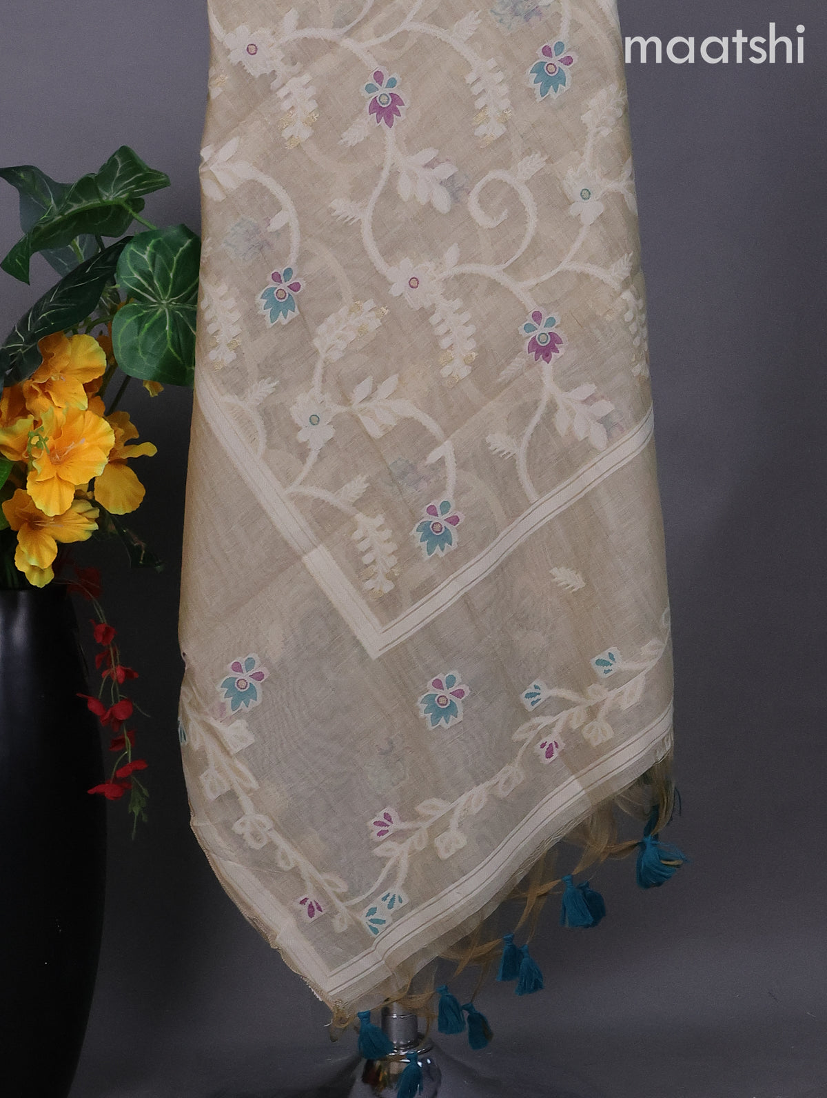 Beige and Purple Green Linen Dress Material With Embroidery Work