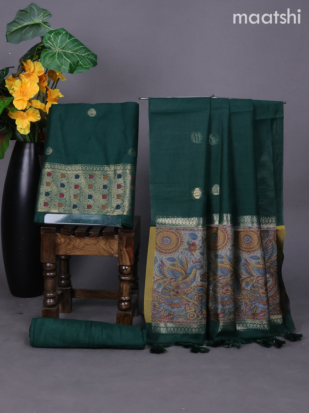 Green Munga Cotton Dress Material With Zari Buttas