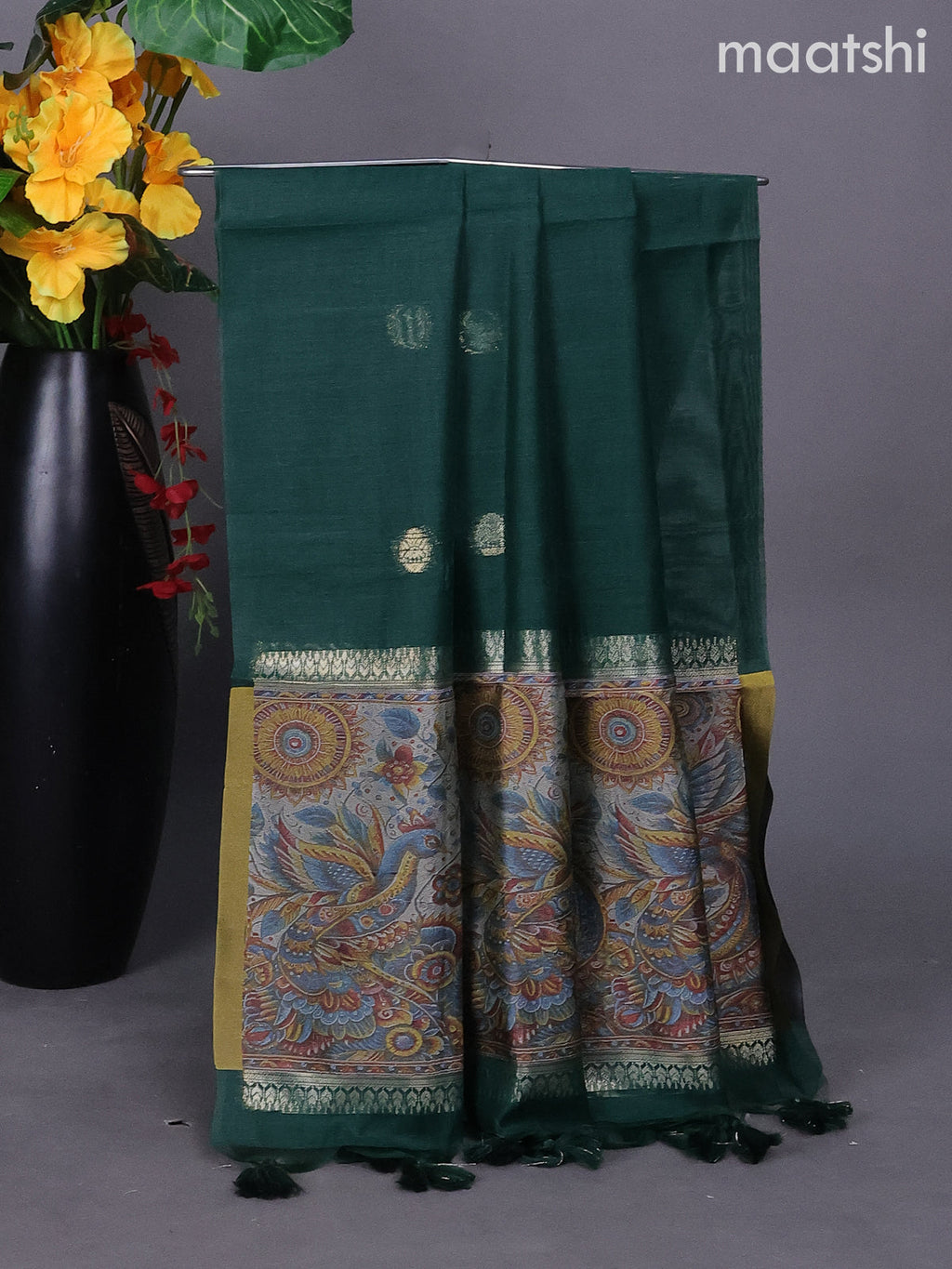 Green Munga Cotton Dress Material With Zari Buttas