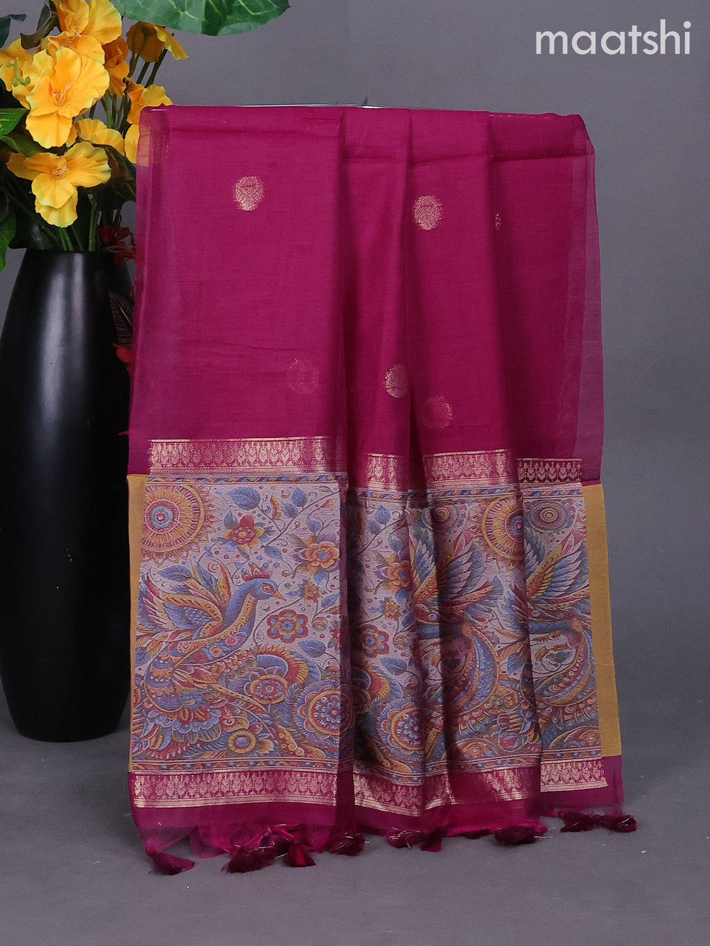 Magenta Pink Munga Cotton Dress Material With Zari Buttas