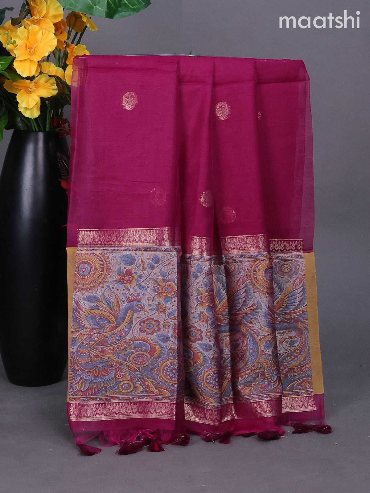 Magenta Pink Munga Cotton Dress Material With Zari Buttas