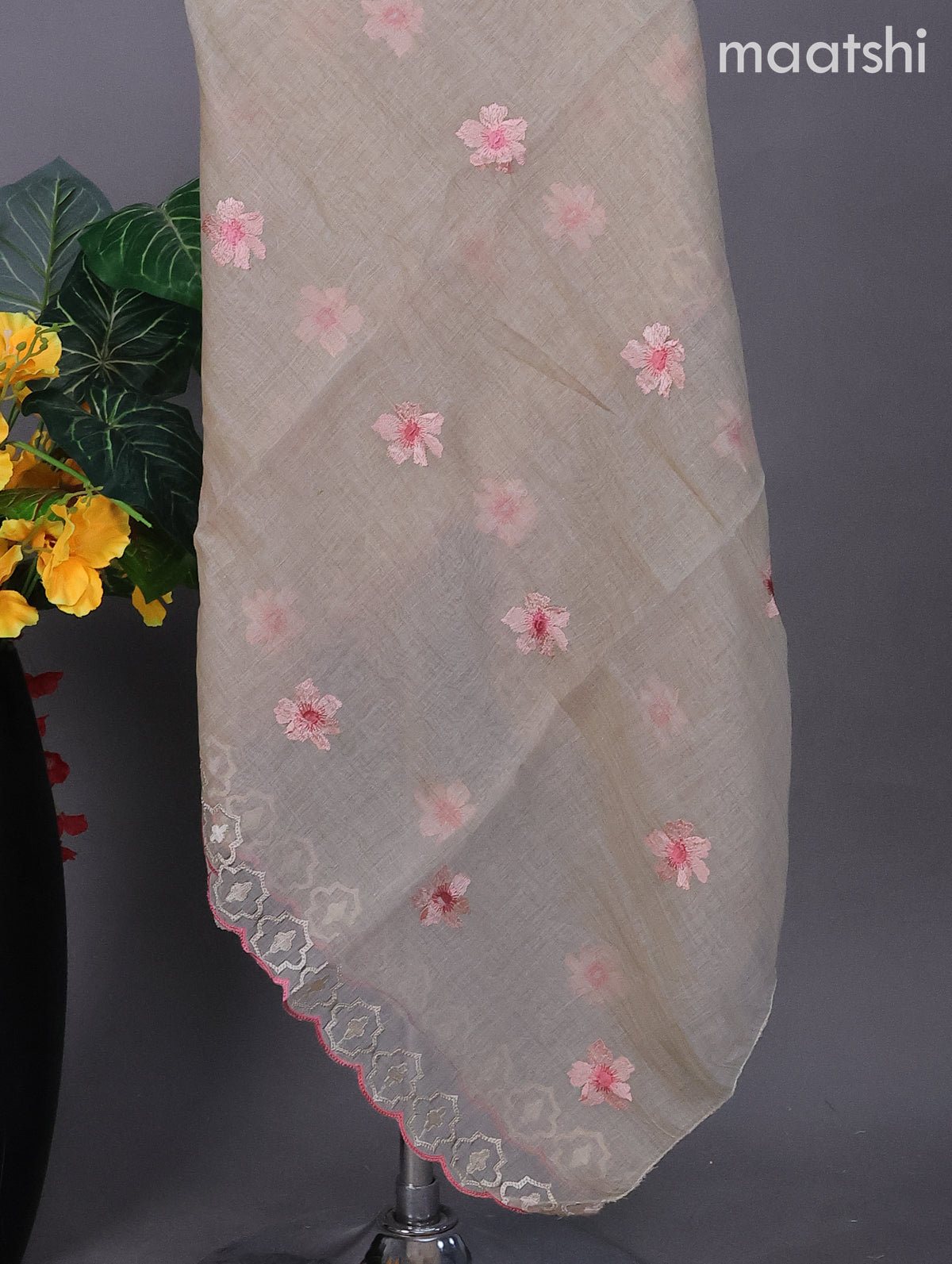 Beige and Peach Pink Linen Dress Material With Embroidery Work