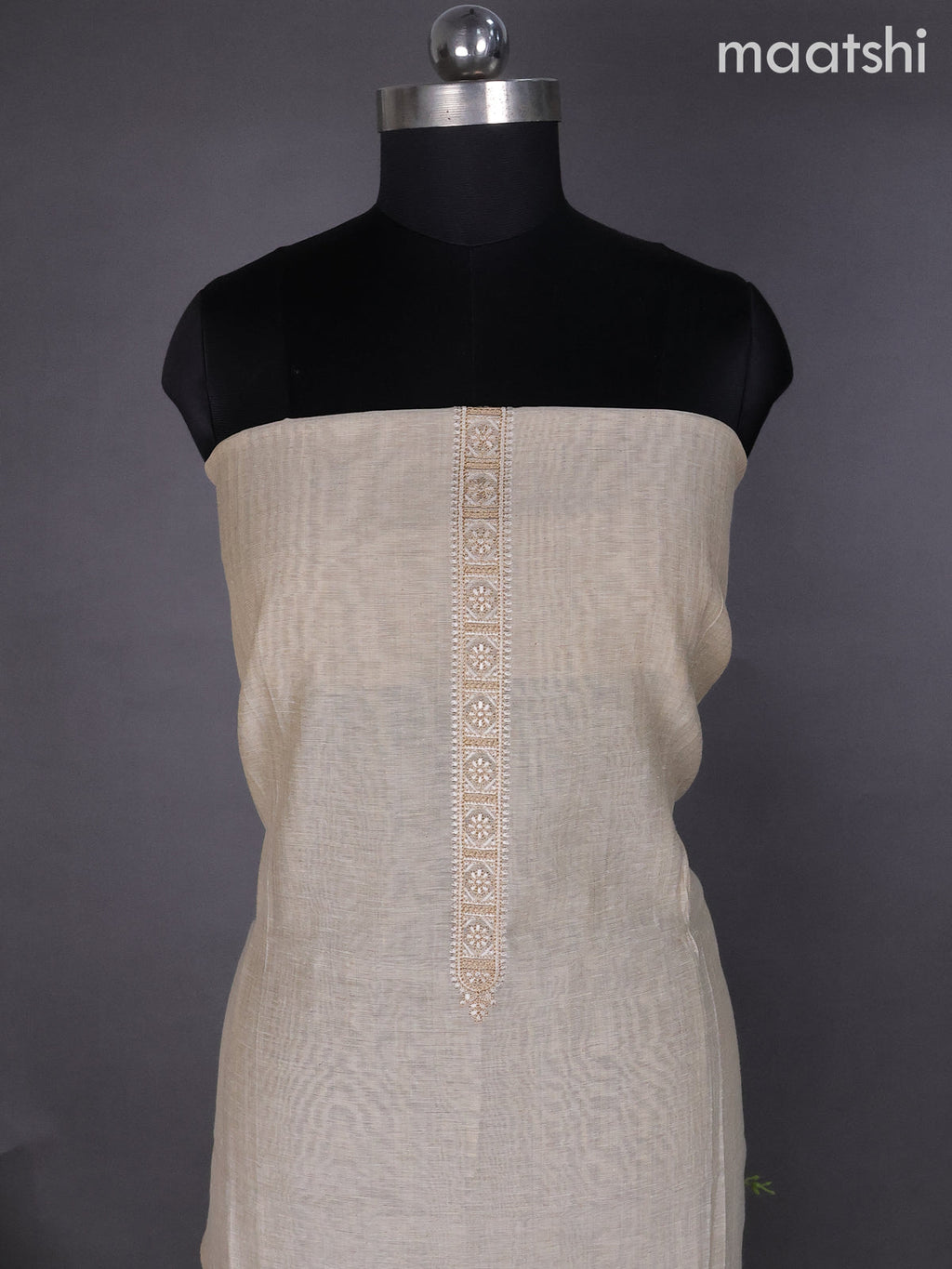 Beige and Teal Blue Linen Dress Material With Embroidery Work