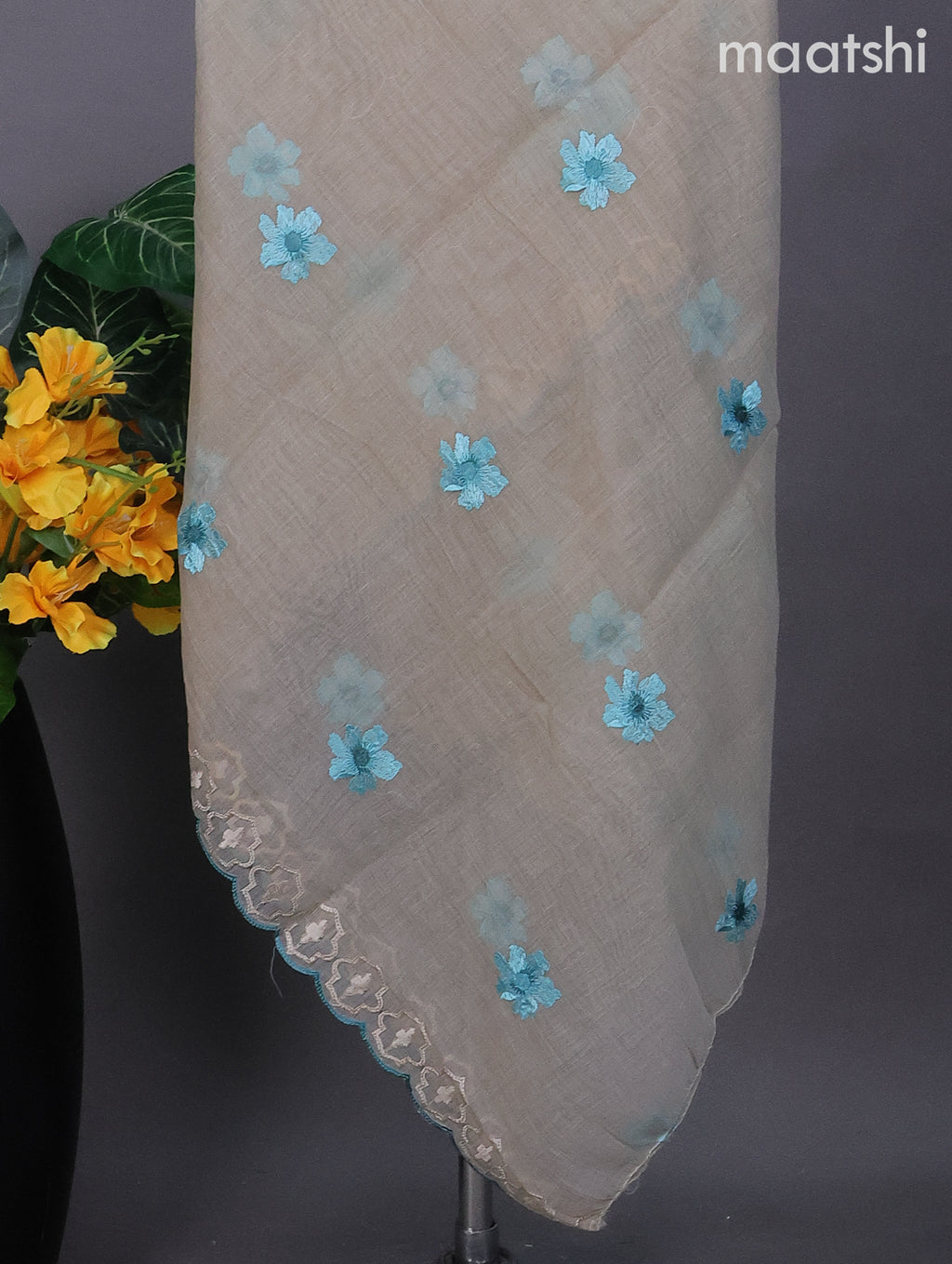Beige and Teal Blue Linen Dress Material With Embroidery Work