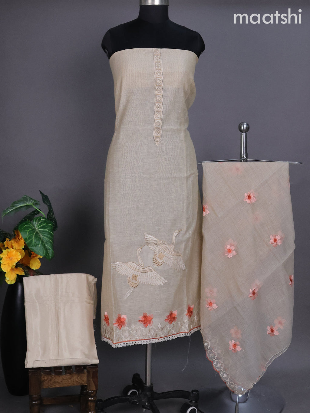 Beige and Peach Shade Linen Dress Material With Embroidery Work