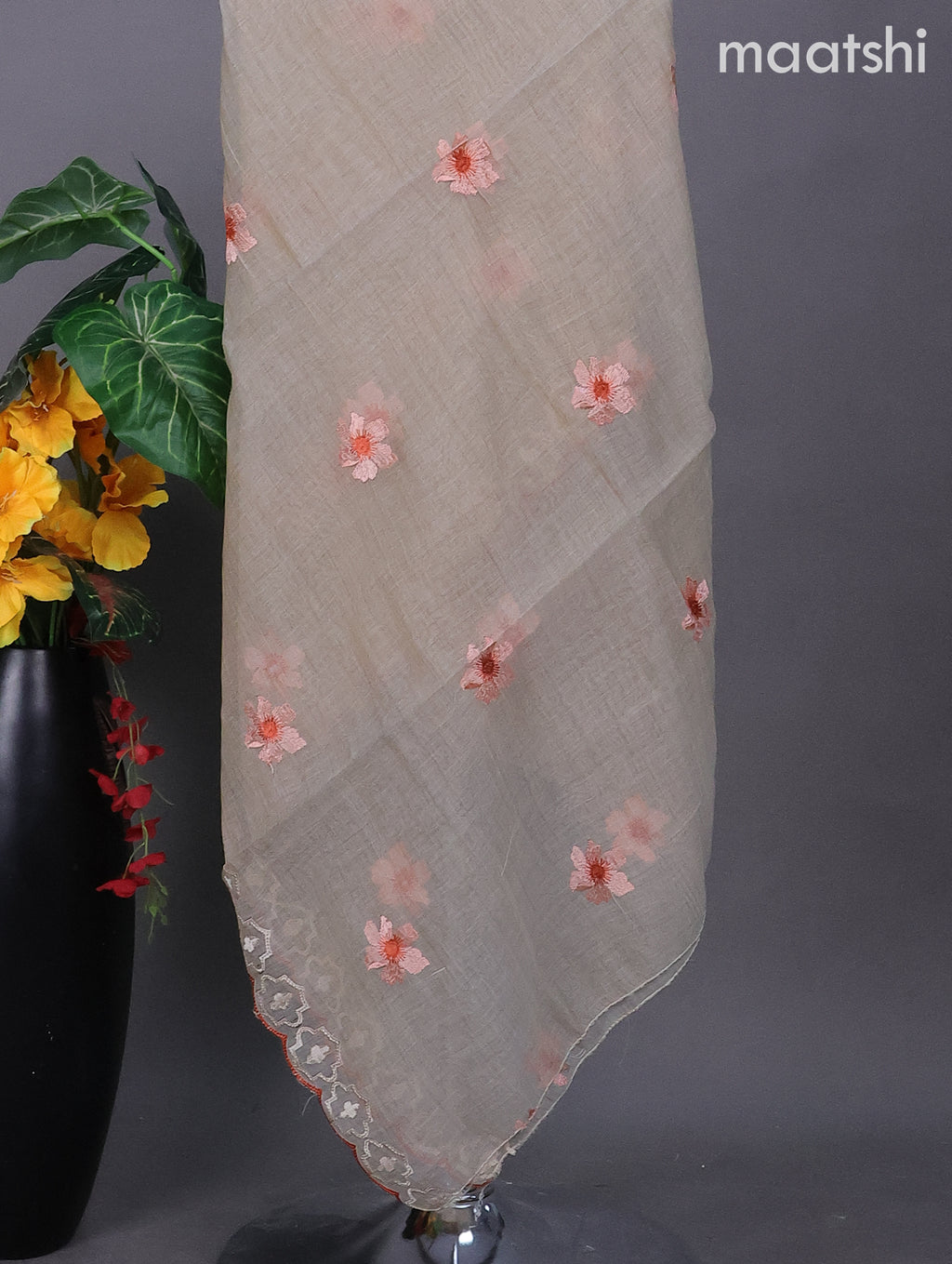 Beige and Peach Shade Linen Dress Material With Embroidery Work