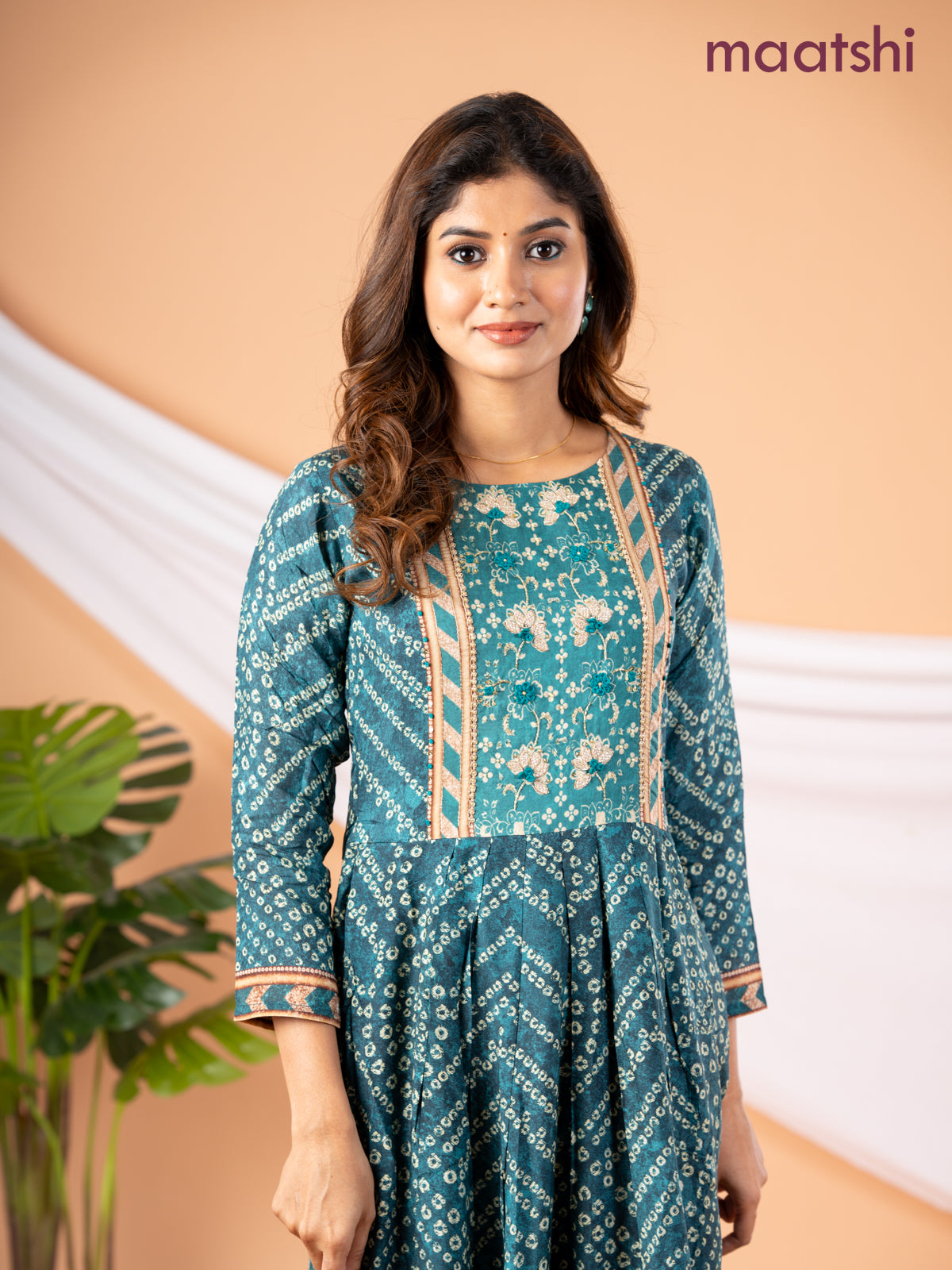 Muslin floor length dress peacock green with allover bandhani prints & embroidery neck pattern