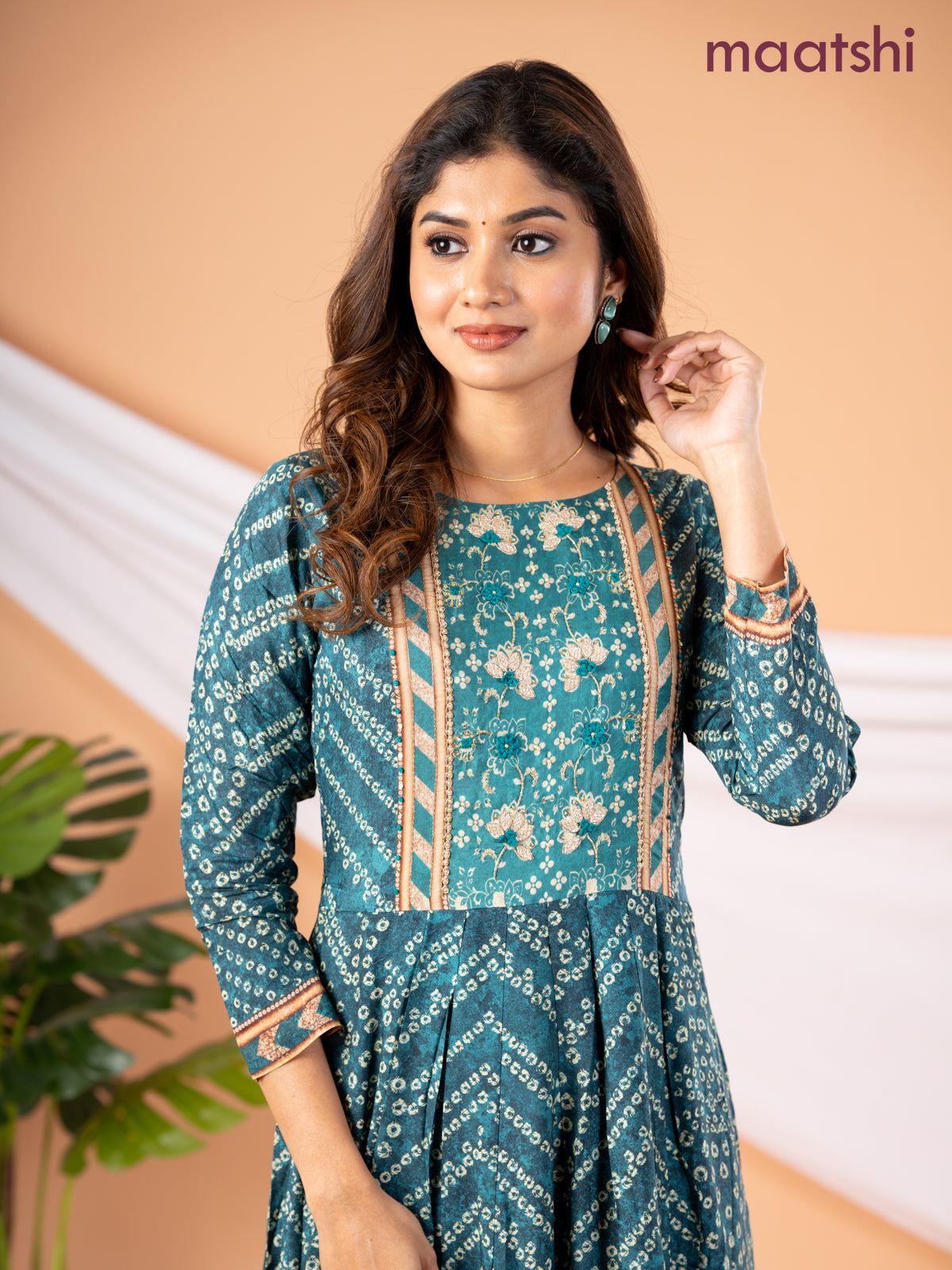 Muslin floor length dress peacock green with allover bandhani prints & embroidery neck pattern