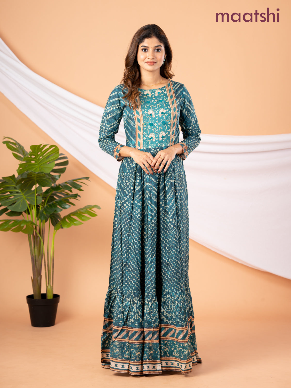 Muslin floor length dress peacock green with allover bandhani prints & embroidery neck pattern