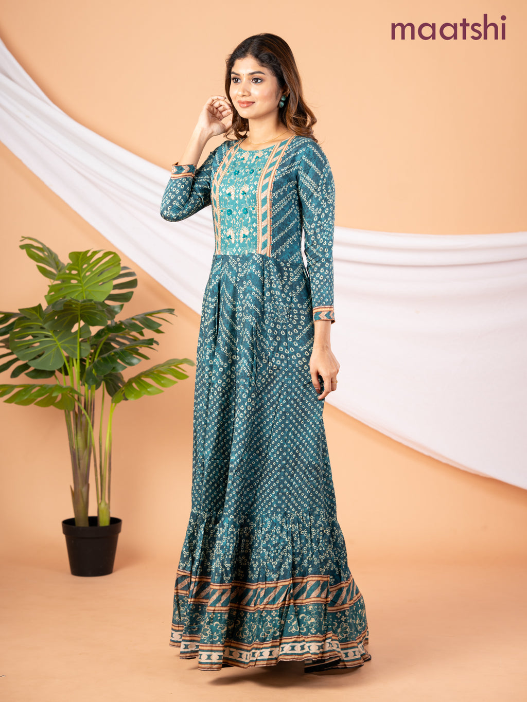 Muslin floor length dress peacock green with allover bandhani prints & embroidery neck pattern